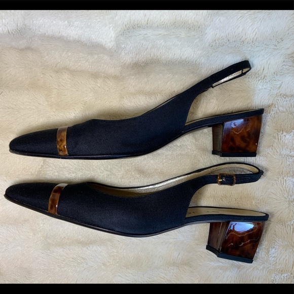 ST. JOHN Navy Blue Slingbacks w/ Turtoise Shell Heels women’s size 8 - Picture 2 of 8
